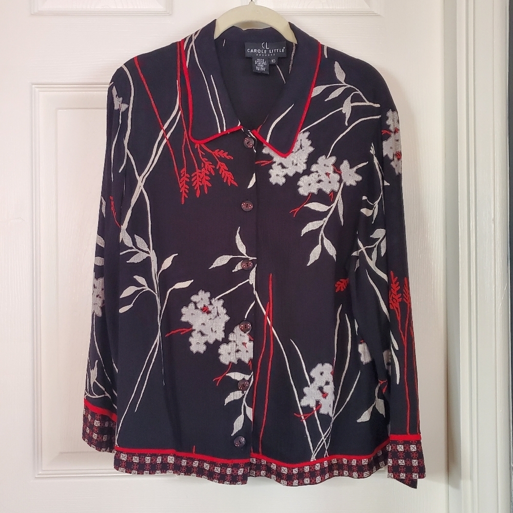 Carole Little Black Floral Jacket Blazer Button-up Size‎ 10 Rayon Lightweight